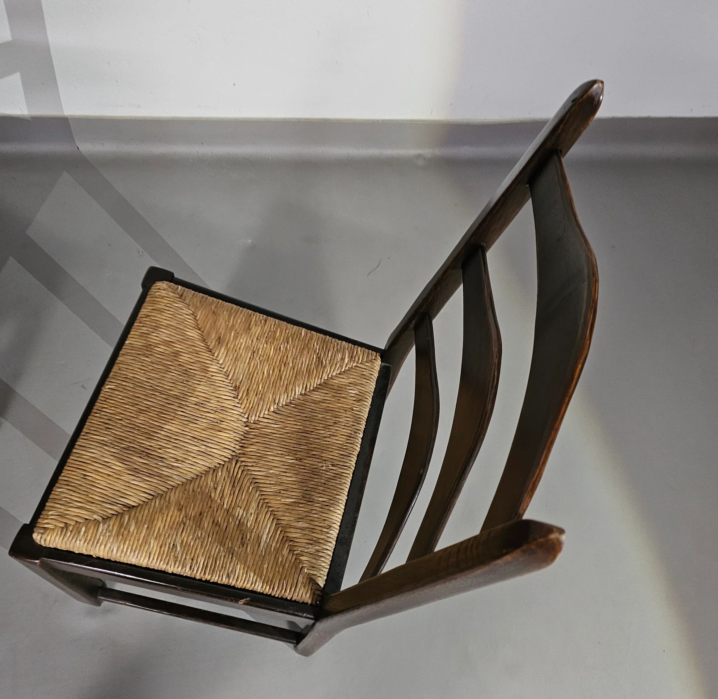 Set of 2 oak, rustic, farmhouse, ladderback dining chairs with rush seats