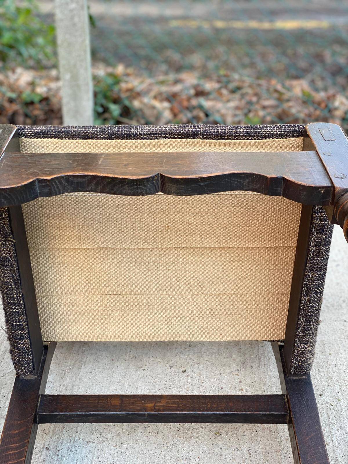 6 solid wood dining chairs with grey woven wool seats.