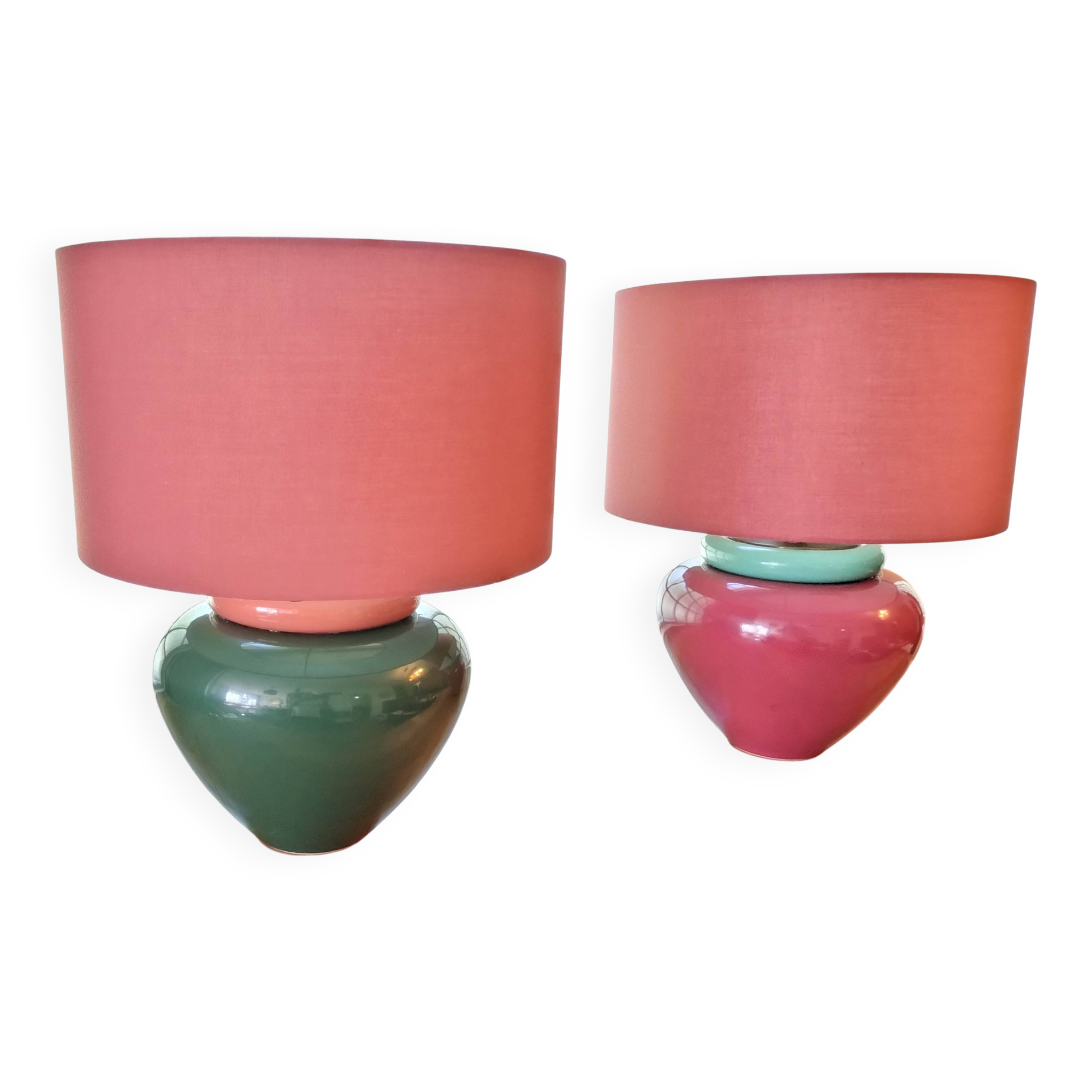 Paire de lampes en céramique rouge et verte