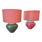 Inverted "mirror" pair of large red and green ceramic lamps.