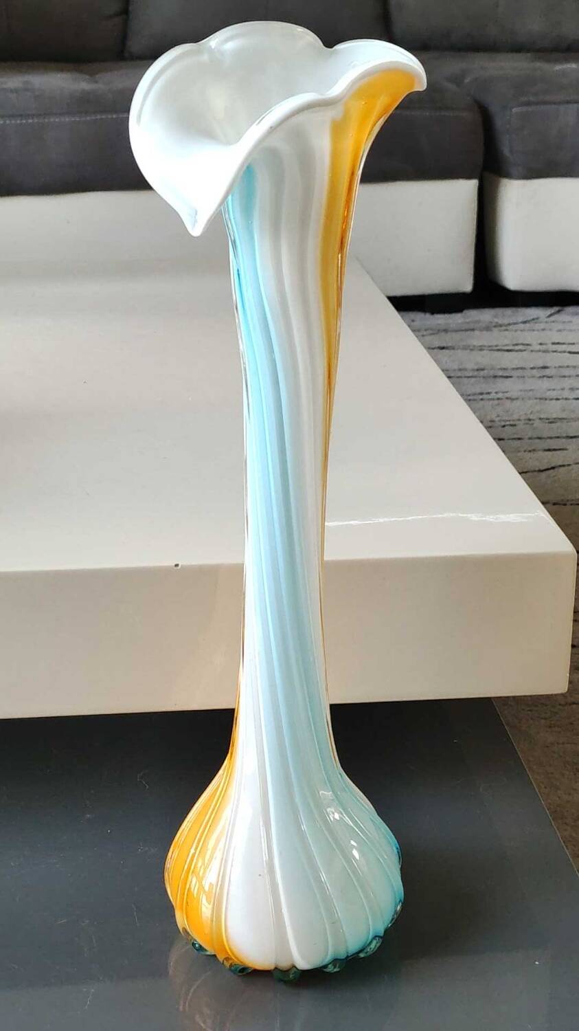 Antique large soliflore vase in venetian opaline glass, jack in the pulpit/murano. arum flower collar/triple multi-colored twisted overlay. high 40 cm