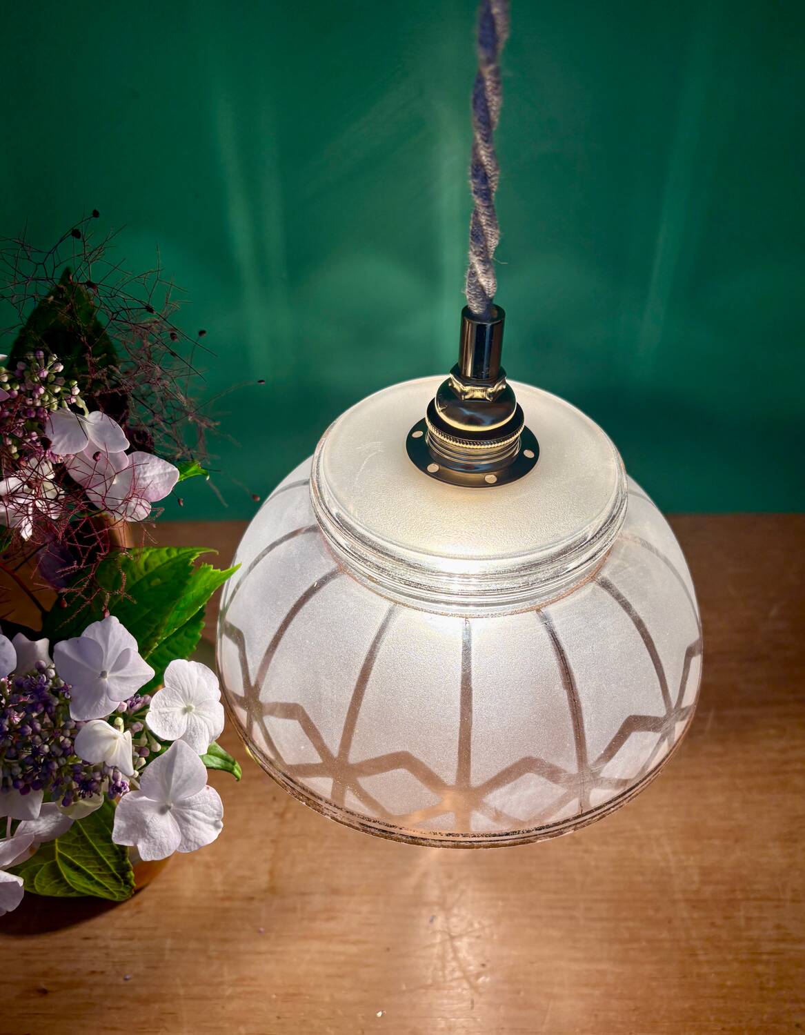 Vintage pendant lamp shade in white and gold frosted glass