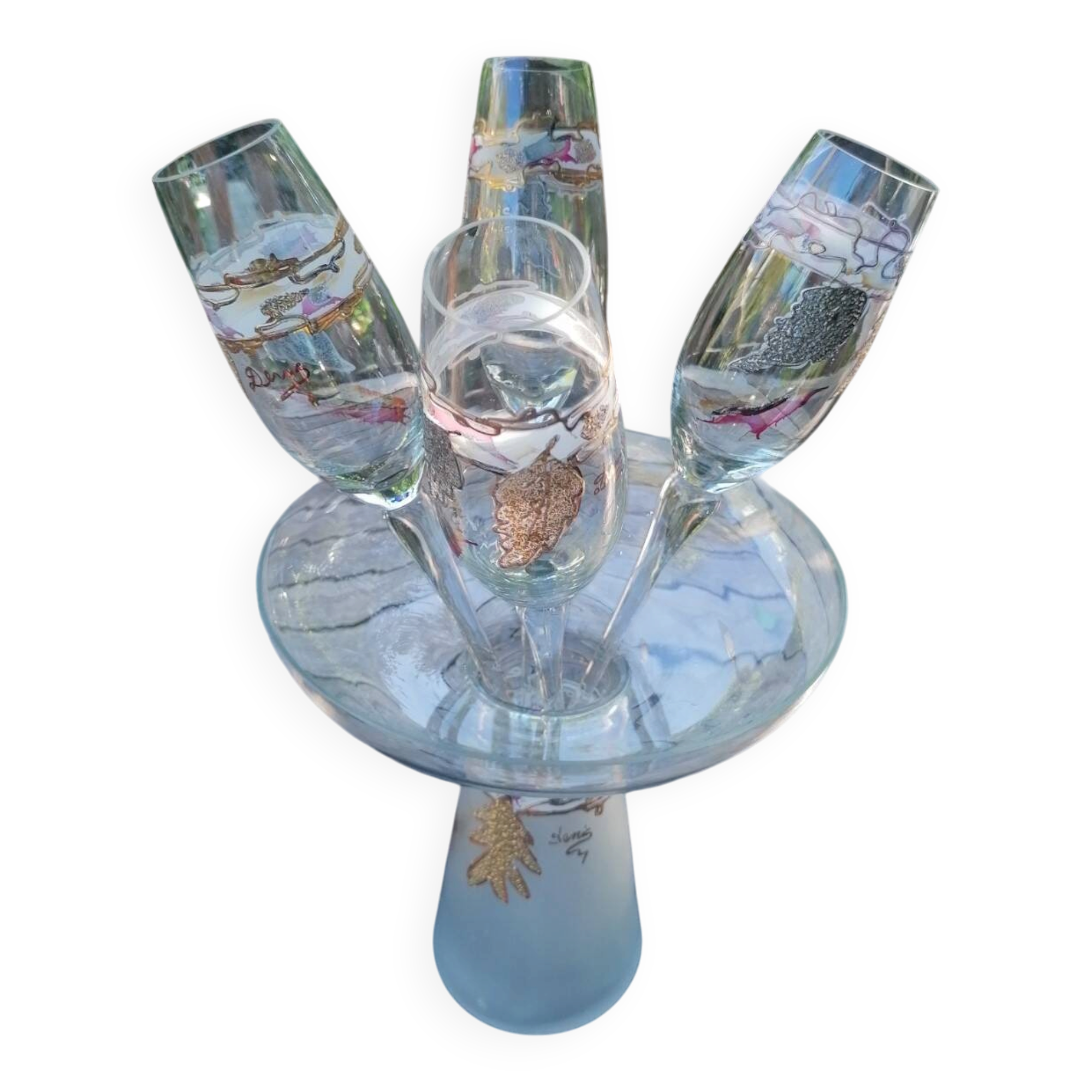 Set of 4 painted blown glass champagne flutes. Signed Denis.