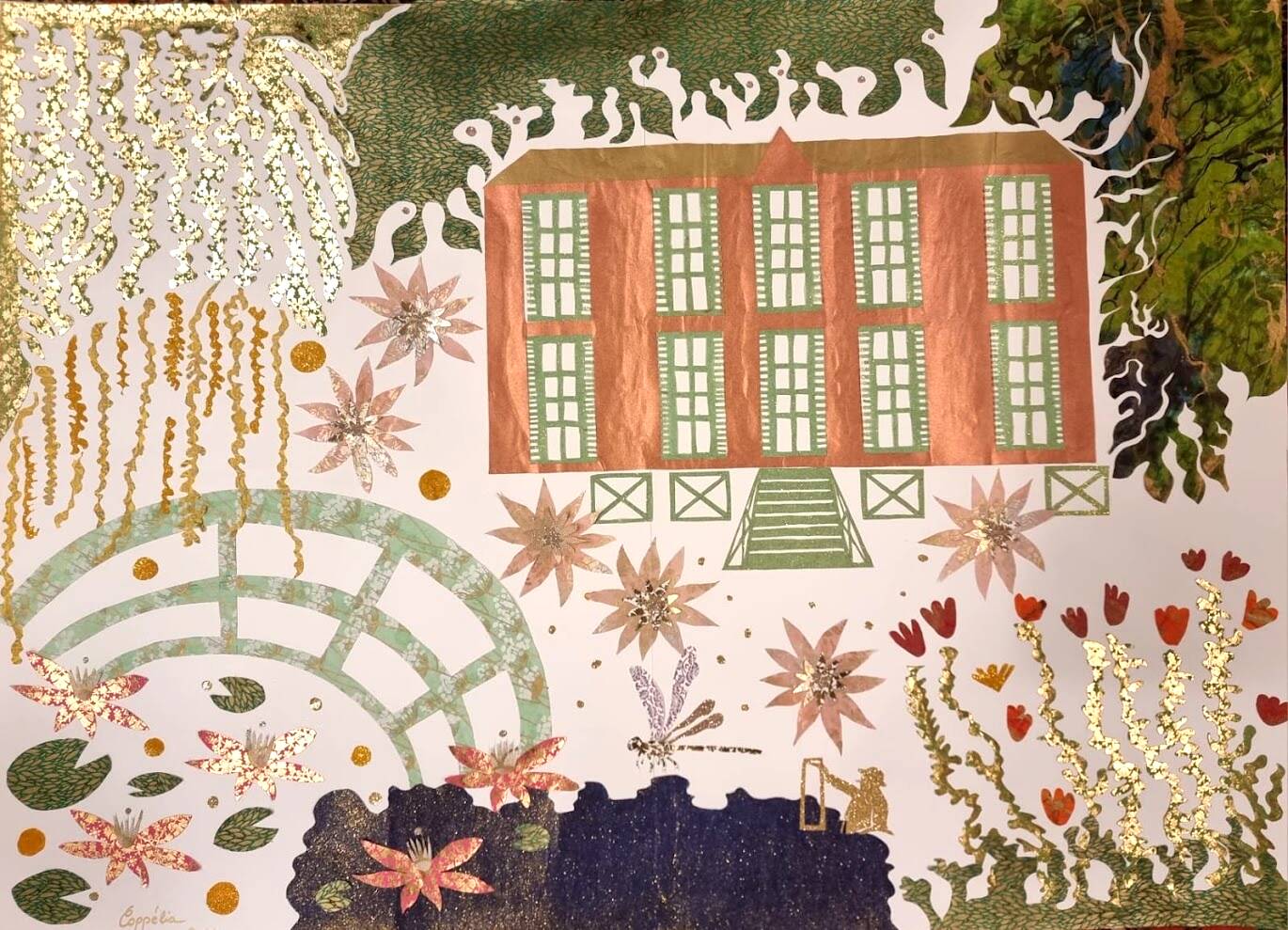 Large contemporary collage inspired by Giverny (Claude Monet) – 158 × 116 cm
