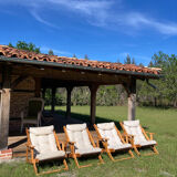 4 garden armchairs 1970 in pine and beige fabric