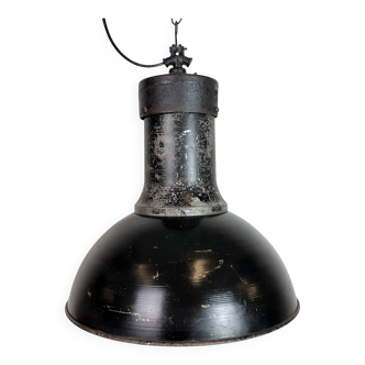 Large Industrial Factory Black Pendant Lamp with Cast Iron Top, 1950s