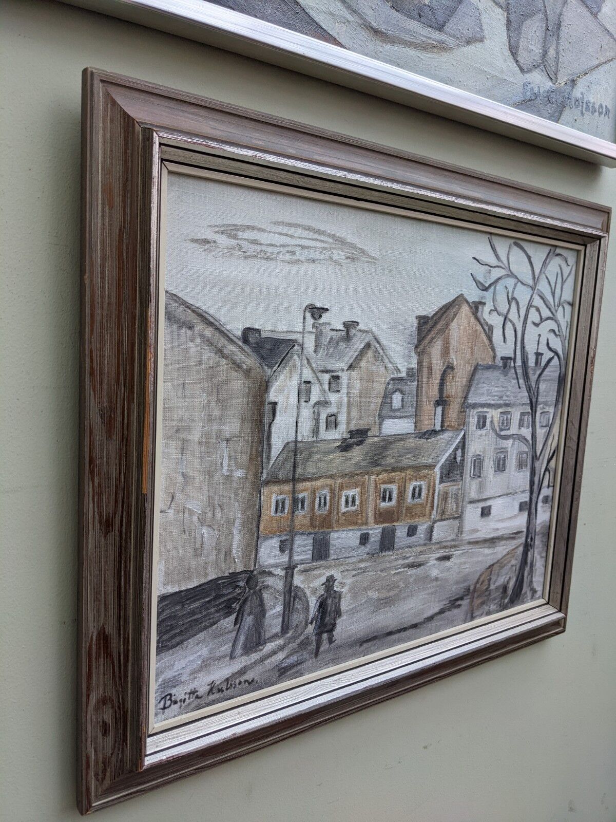 Mid-Century Modern "Stroll" Swedish Vintage Street Scene Oil Painting, Framed