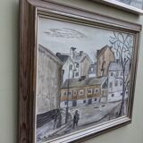 Mid-Century Modern "Stroll" Swedish Vintage Street Scene Oil Painting, Framed