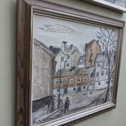 Mid-Century Modern "Stroll" Swedish Vintage Street Scene Oil Painting, Framed