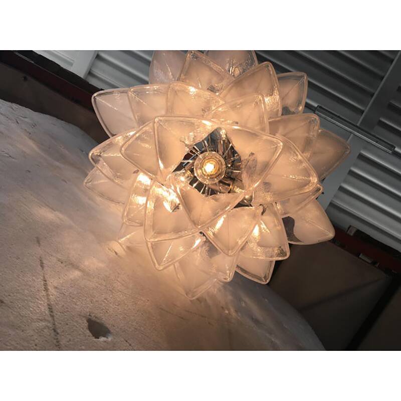 Italian White and Transparent Murano Glass Chrome Metal Frame Chandelier Sputnik
