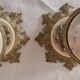 Pair of antique table lamps in white marble and gold metal.