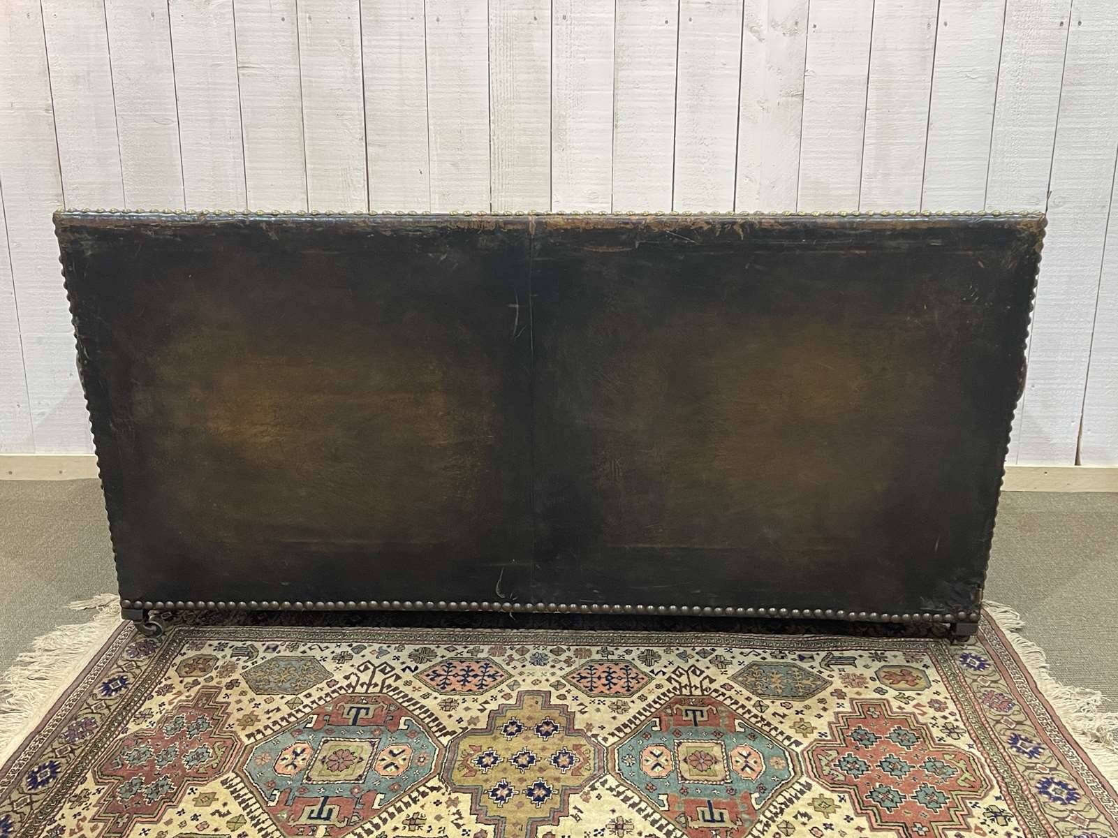 Early 20th century leather club sofa - seat and back in modern fabric