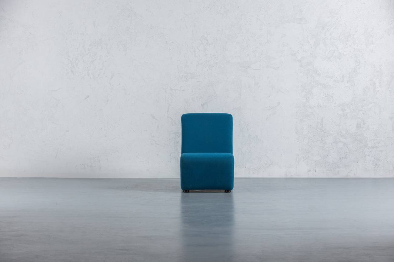 Vintage blue fabric armchair with ottoman, Italy, 1970s