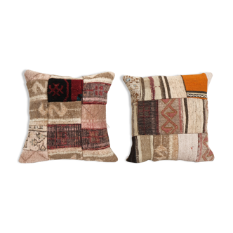 Vintage patchwork rug pillow case made from rustic anatolian vintage kilim, designer cushion 17''x18