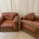 Pair of Cognac Leather Club Armchairs & Wood - Italian Design - 1970s