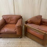 Pair of Cognac Leather Club Armchairs & Wood - Italian Design - 1970s