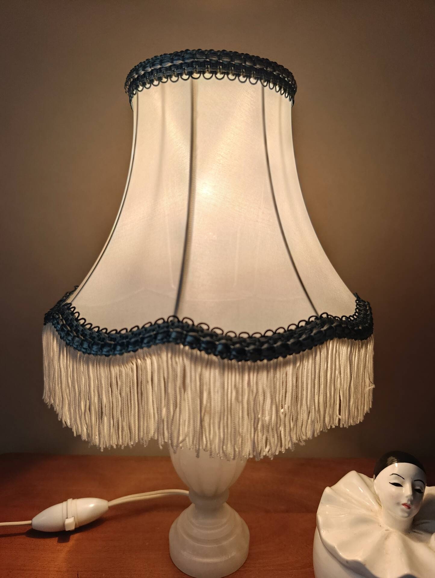 Alabaster lamp, satin white and blue pagoda shade.
