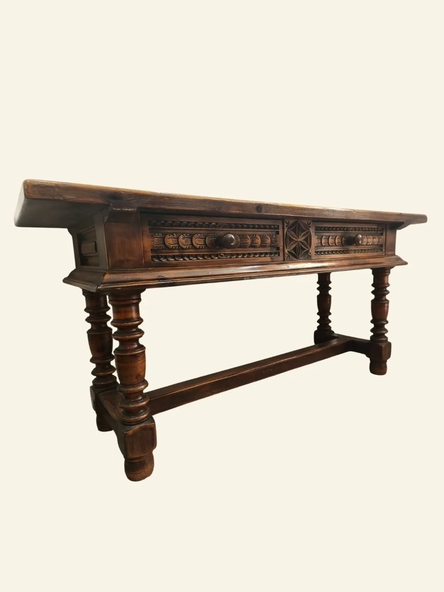 Large Castilian table with drawers and turned legs, early 20th century.