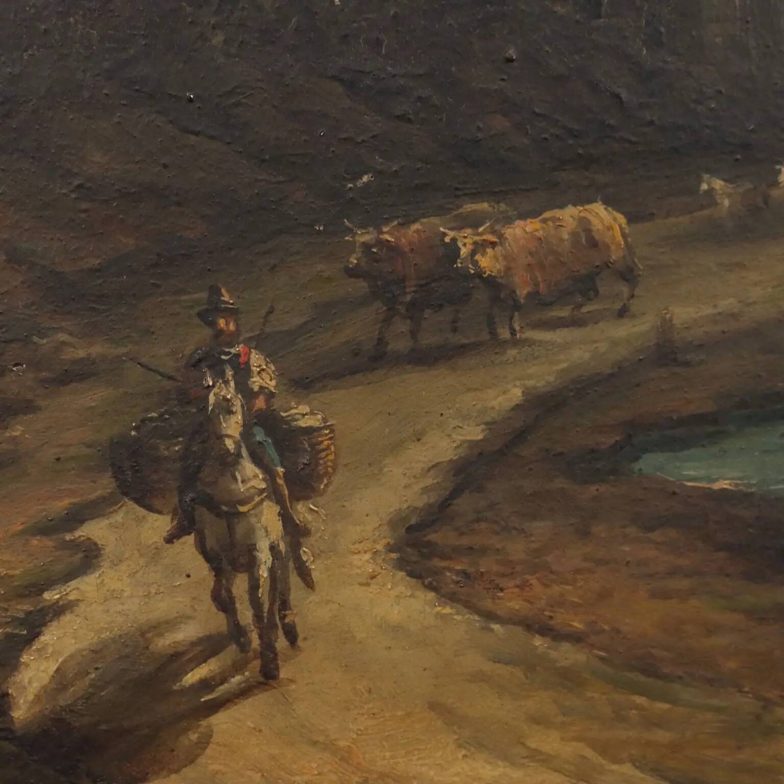 Old painting of a nocturnal landscape in oil on panel from the 19th century.
