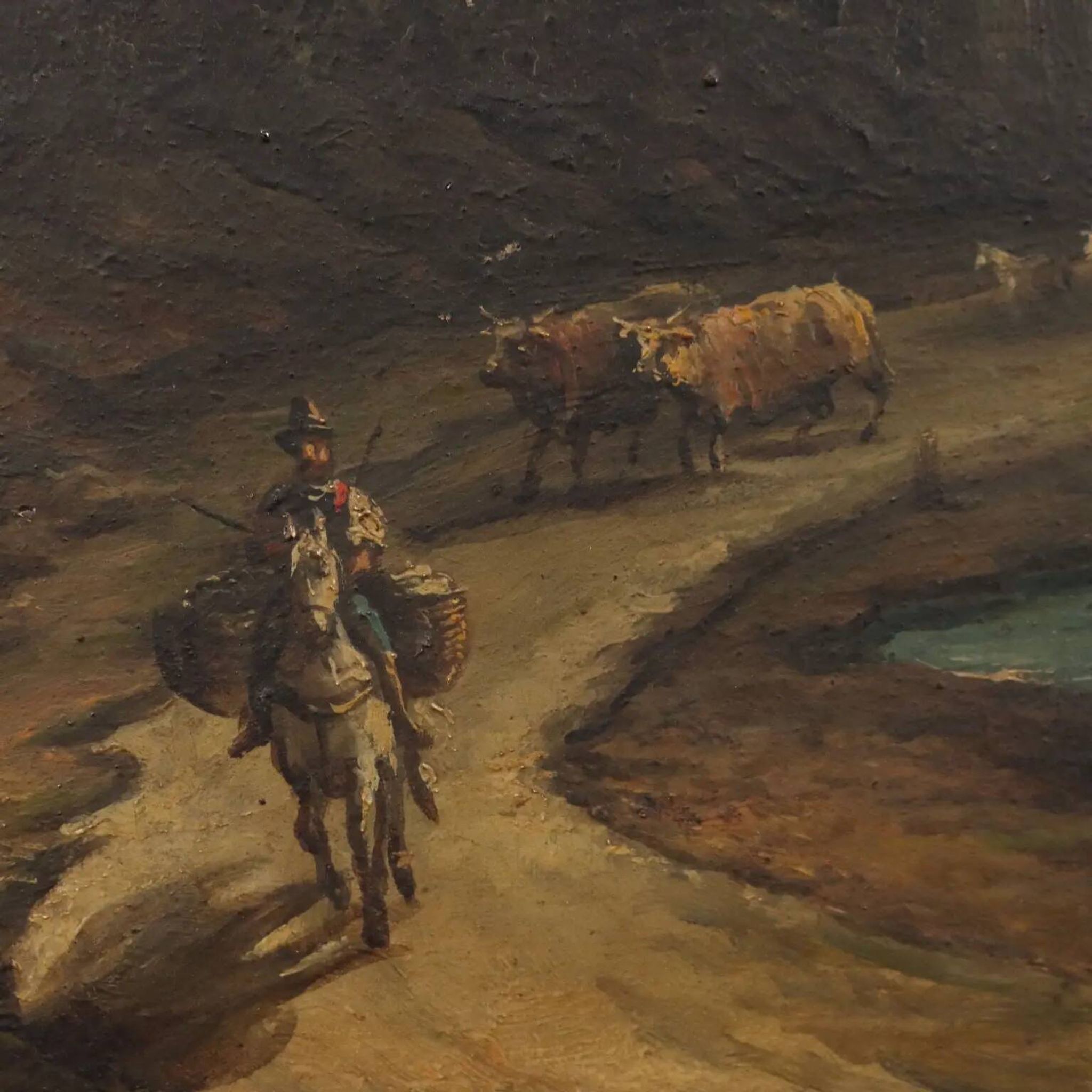 Old painting of a nocturnal landscape in oil on panel from the 19th century.