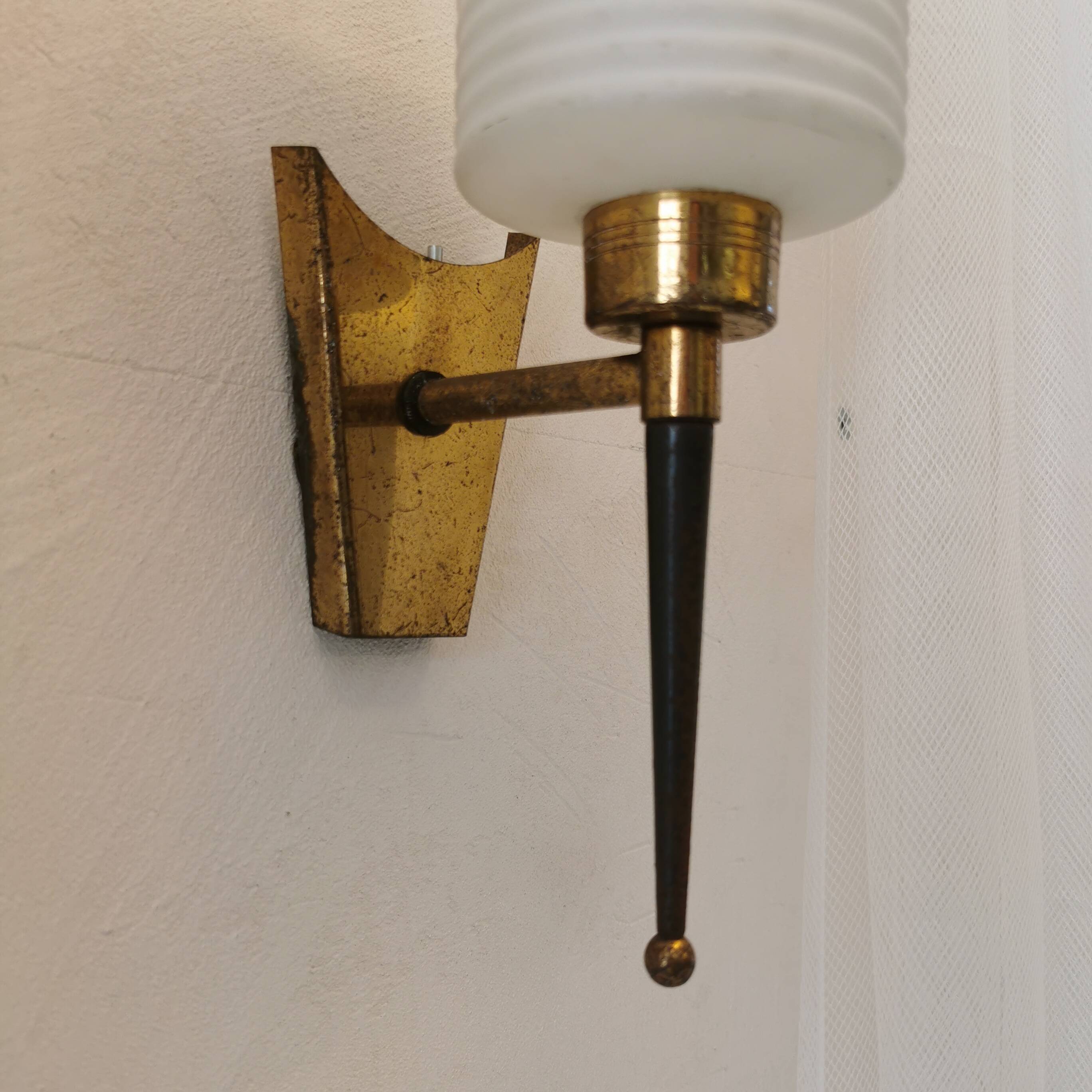 Pair of brass and opaline wall lights