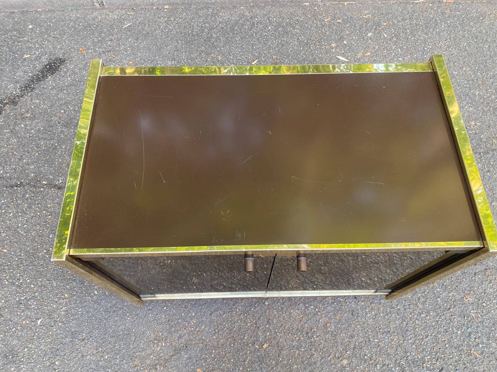Vintage 70s TV cabinet Hi-Fi brass smoked glass on wheels Hollywood Reg