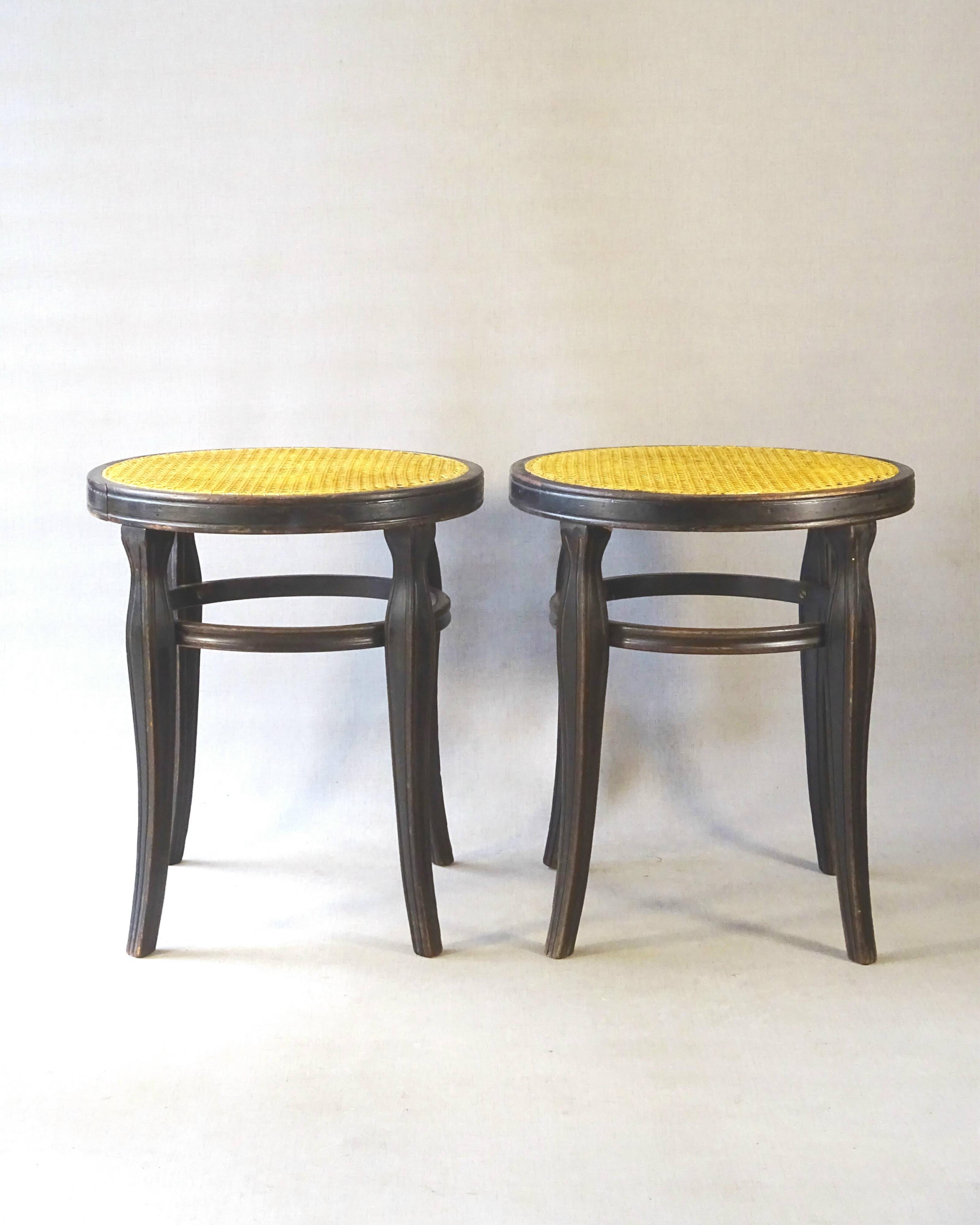 Pair of Thonet stools out of catalogue, circa 1890, new canework