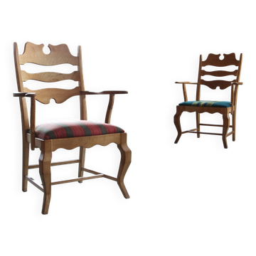 Pair of Vintage Brutalist Oak Razorblade Armchairs by Henning Kjærnulf, 1960s