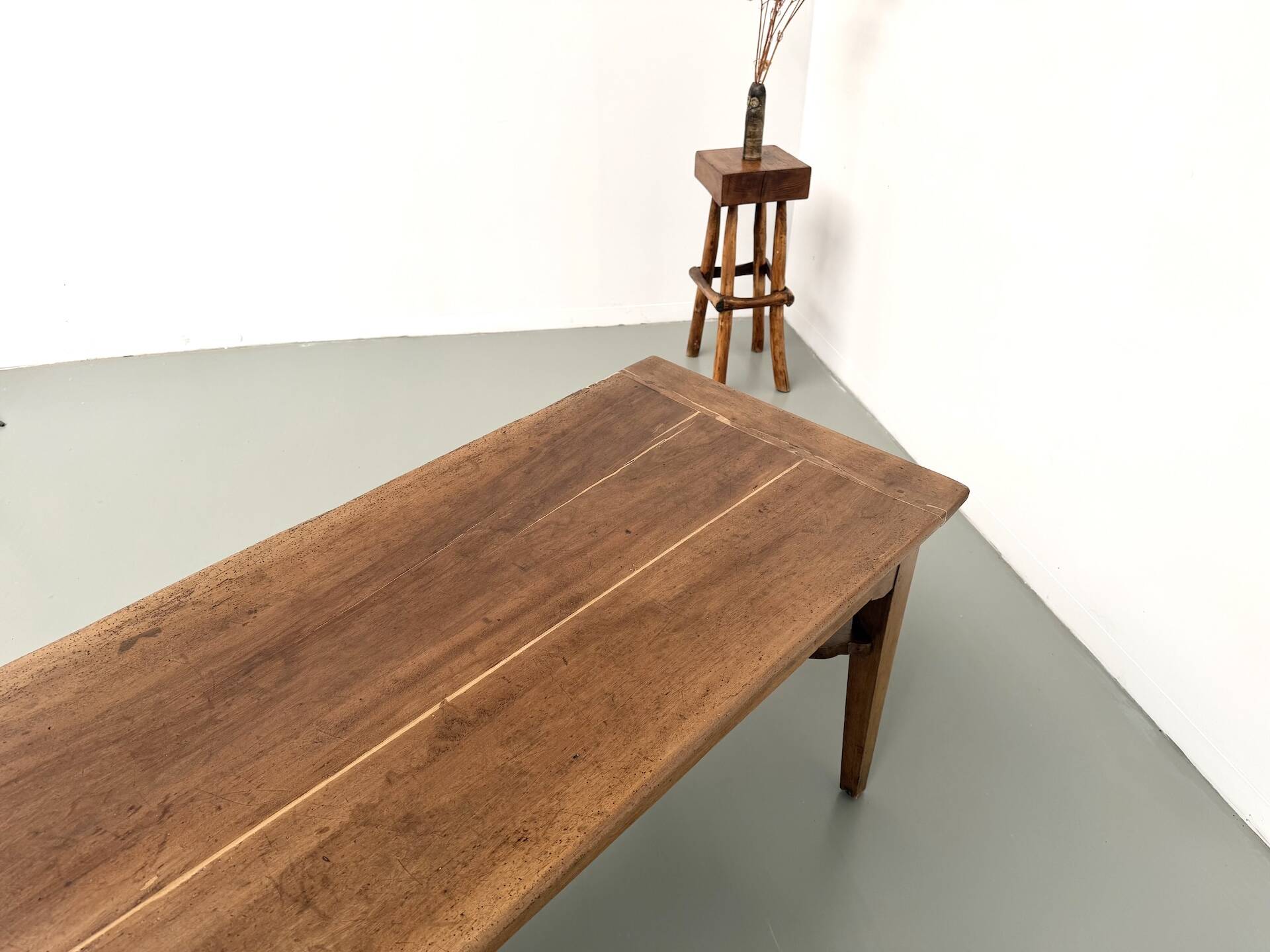 Farm table, old solid oak dough trough, France, around 1920.