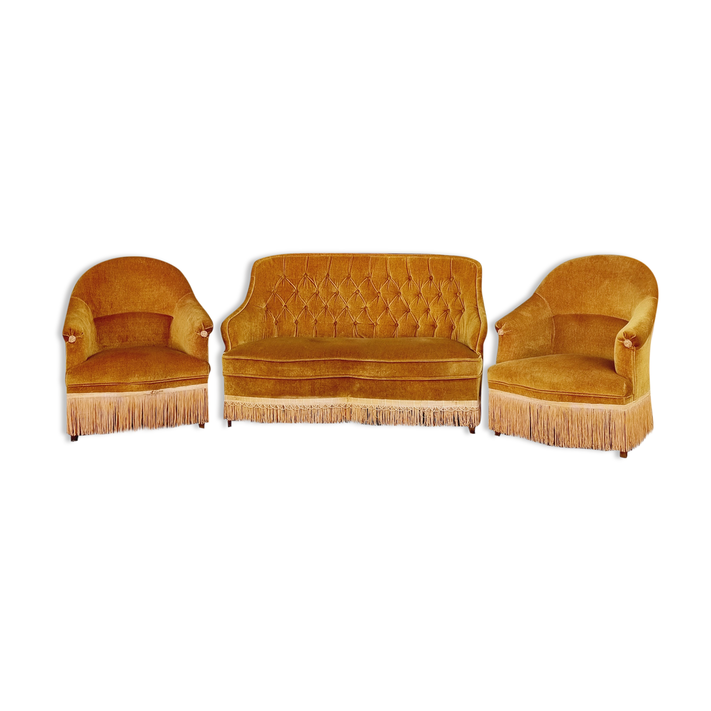 Ensemble de 2 fauteuils crapauds et 1 canapé 2 places velour moutarde