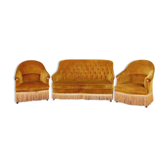 Set of 2 toad armchairs and 1 sofa 2 places velvet mustard