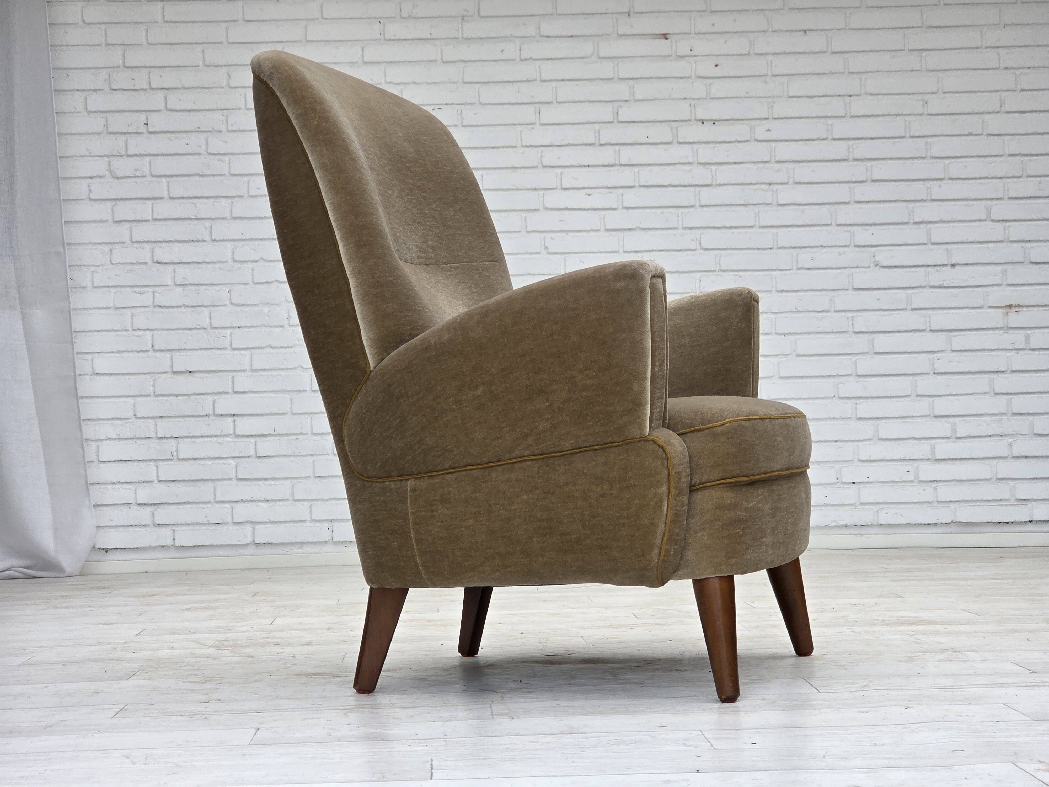1970s, Danish armchair, green furniture velour, beech wood legs.