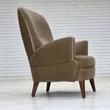 1970s, Danish armchair, green furniture velour, beech wood legs.