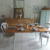 Vintage belt table and pearl gray compass base, wooden top