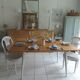 Vintage belt table and pearl gray compass base, wooden top
