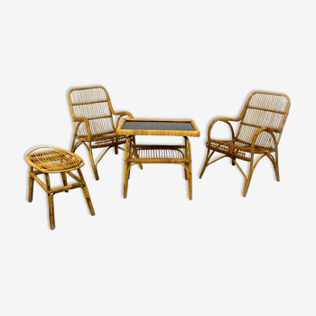 Rattan armchairs, table and stool, 1960