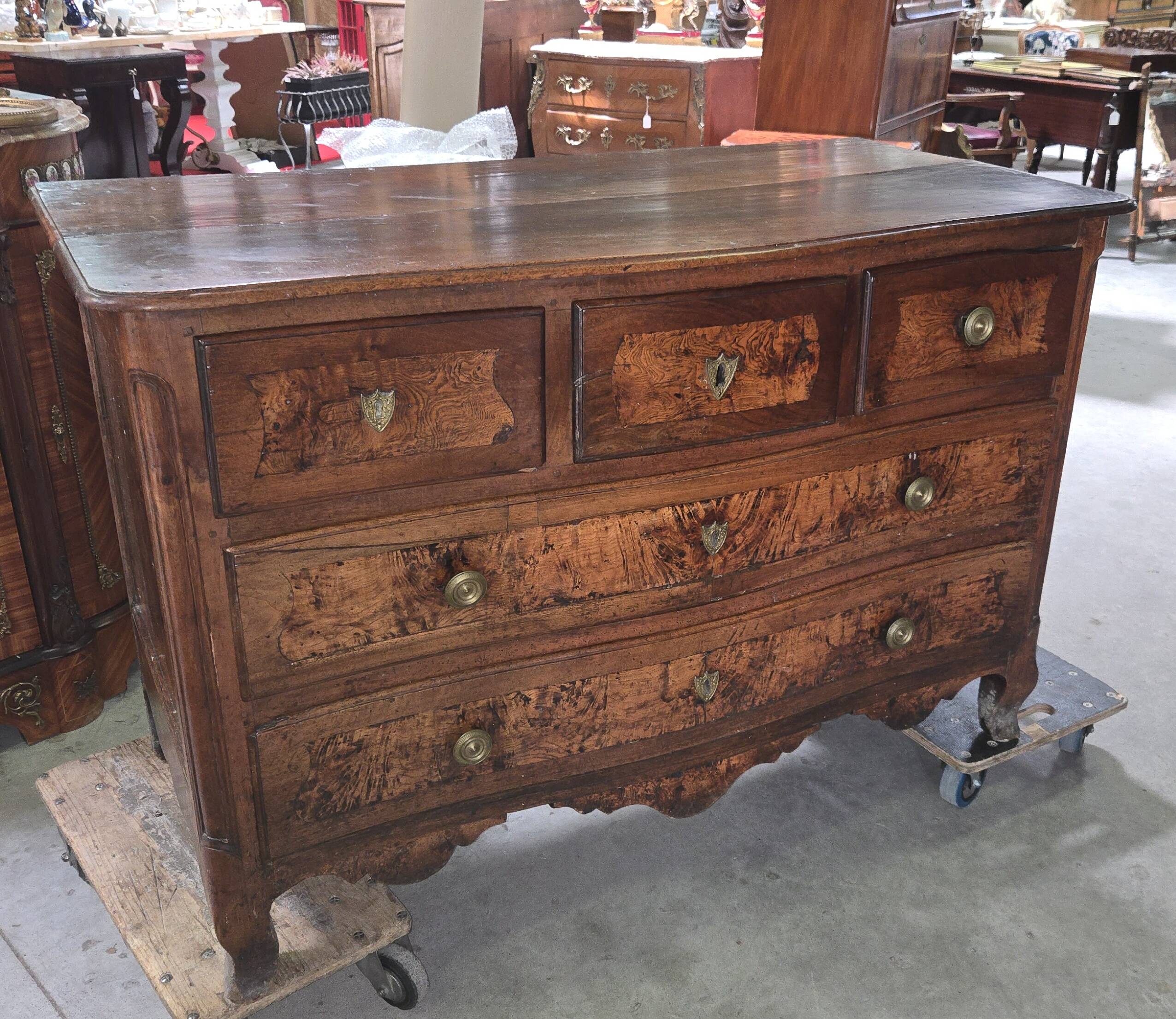 Curved commode from the Louis XV period in walnut and elm burl.