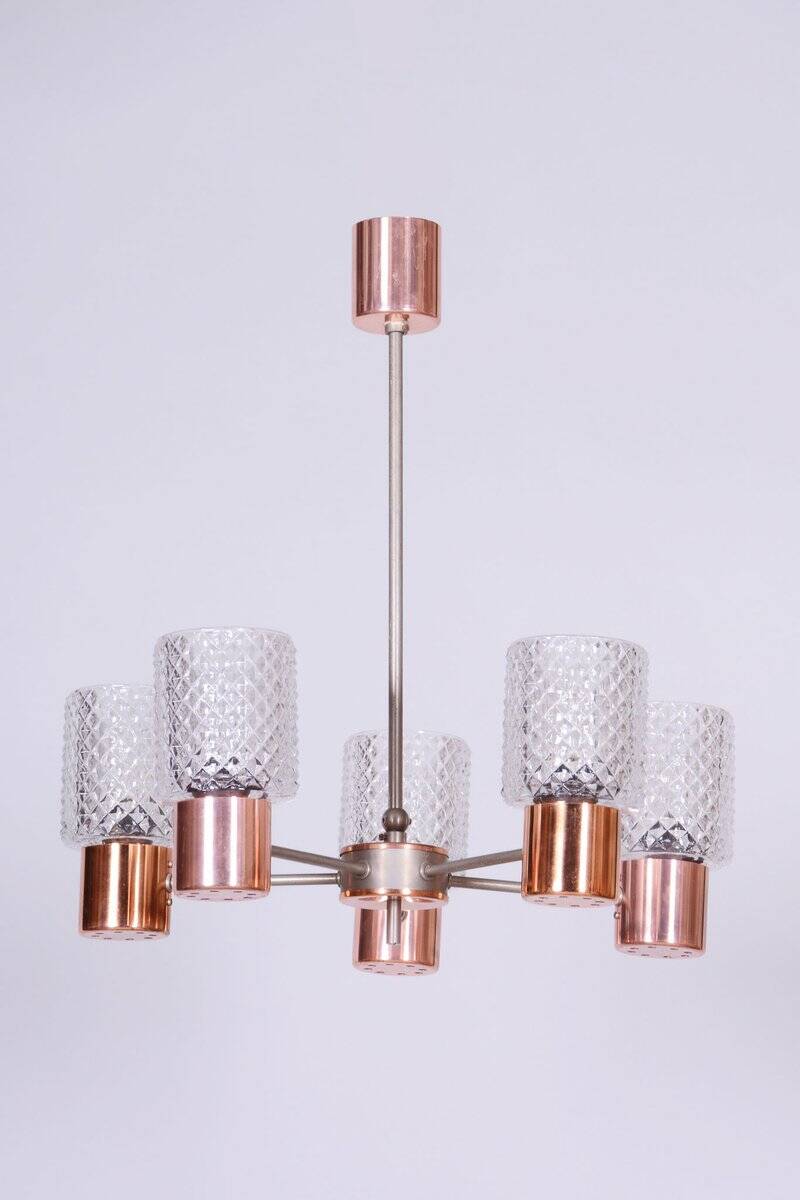 Mid-Century Chandelier in Chrome, Steel, Copper and Glass, Czech, 1960s