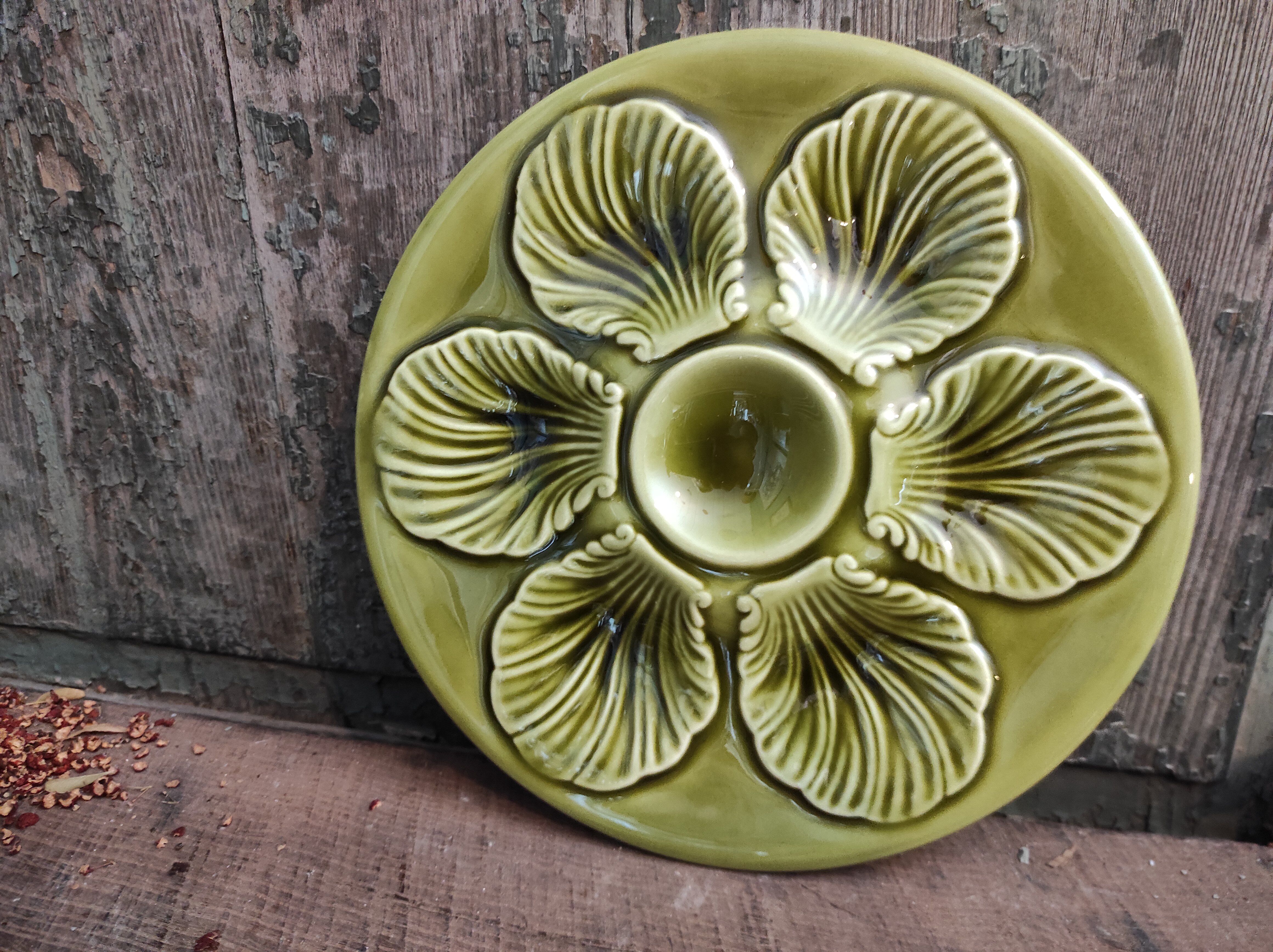 Vintage French Oyster Plate in grass green Majolica