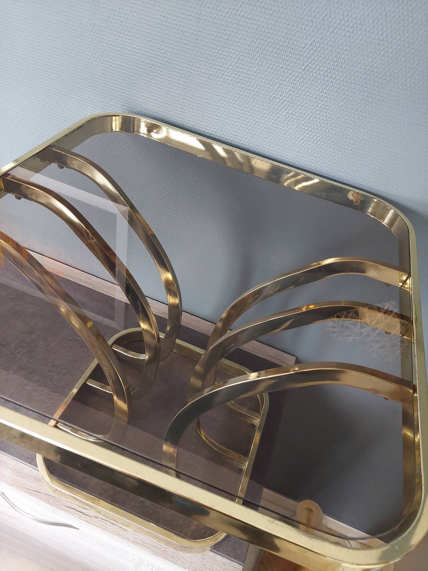 Vintage square brass and glass coffee table with smoked glass top, french 1970