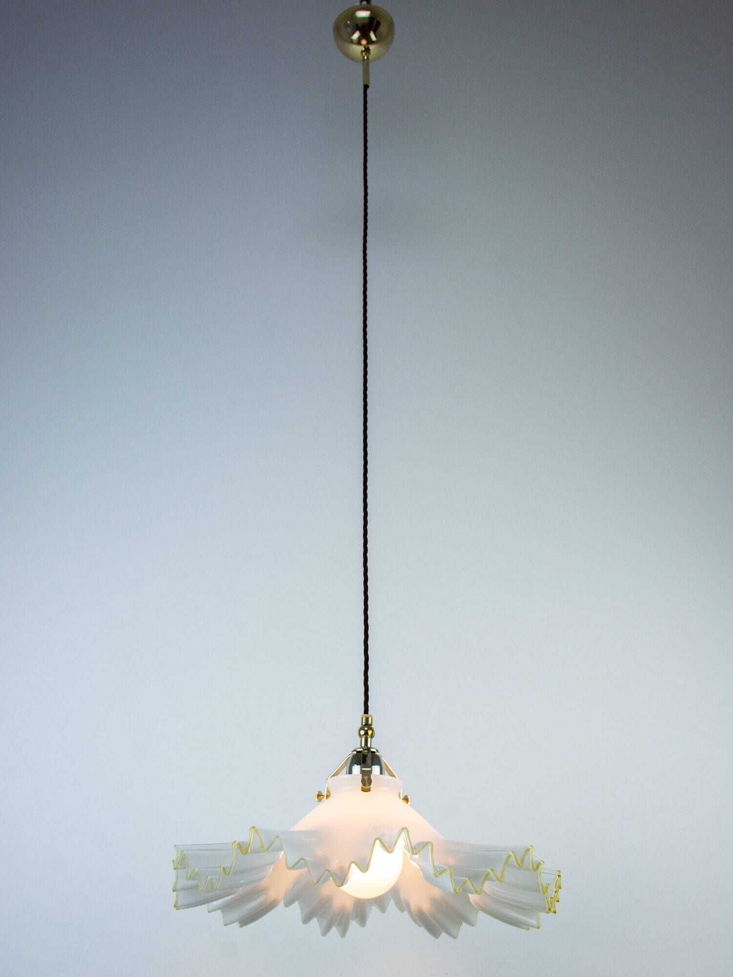 Murano Style White Ruffled Italian Hanging Glass Lamp From The 1970s