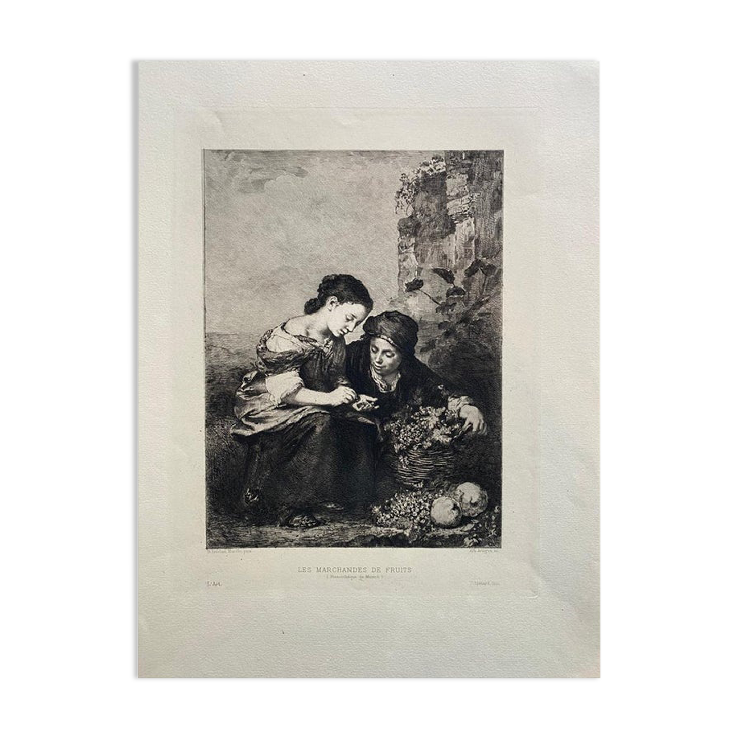 B.Esteban Murillo, "Les Marchands De Fruits", engraving by Albert Artigue, XIX