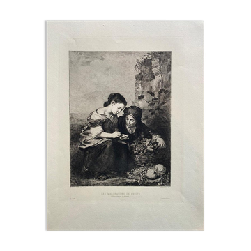 B.Esteban Murillo, "Les Marchands De Fruits", engraving by Albert Artigue, XIX