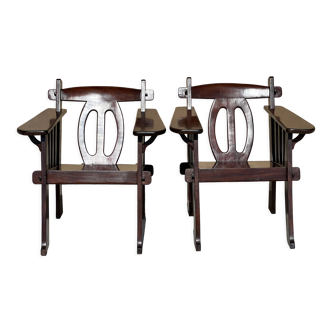 Pair of brutalist mahogany armchairs 1950