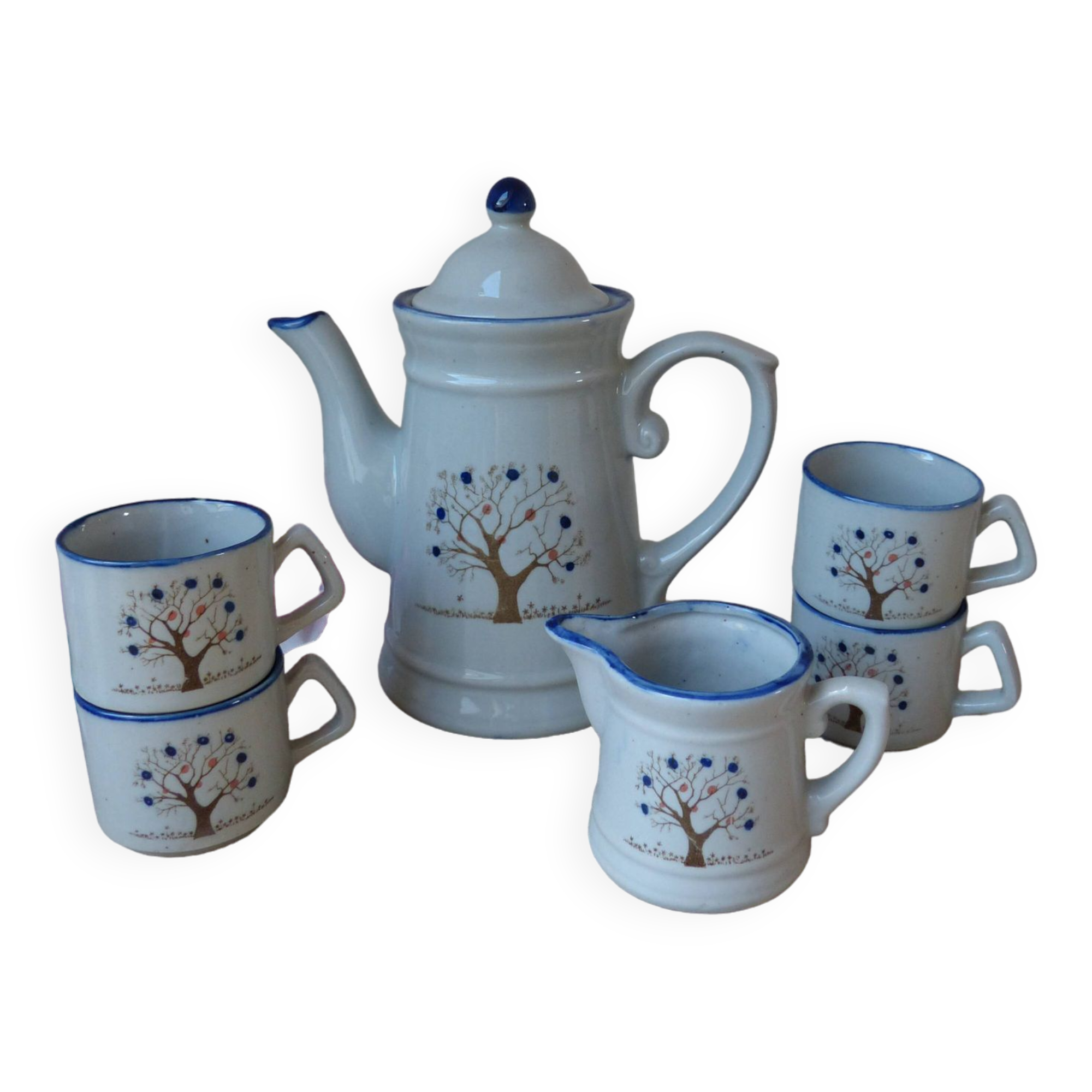 Vintage Taiwan Coffee Set, 6 Pieces, 1 Coffee Pot, 4 Cups, 1 Milk Jug, Tree of Life Pattern