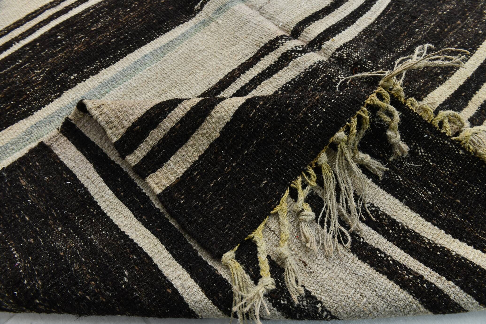 5x9 Cream & Brown Striped Handmade Vintage Kilim Rug, 147x264Cm