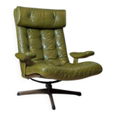 Vintage Swedish Göte Möbler “Delfin” olive green leather swivel armchair, 1970s