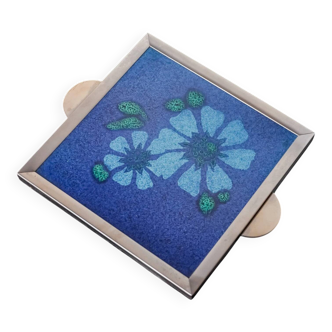 Space age floral blue ceramic trivet, Spain, 1970s