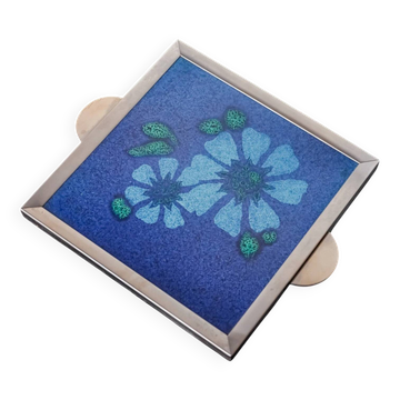 Space age floral blue ceramic trivet, Spain, 1970s