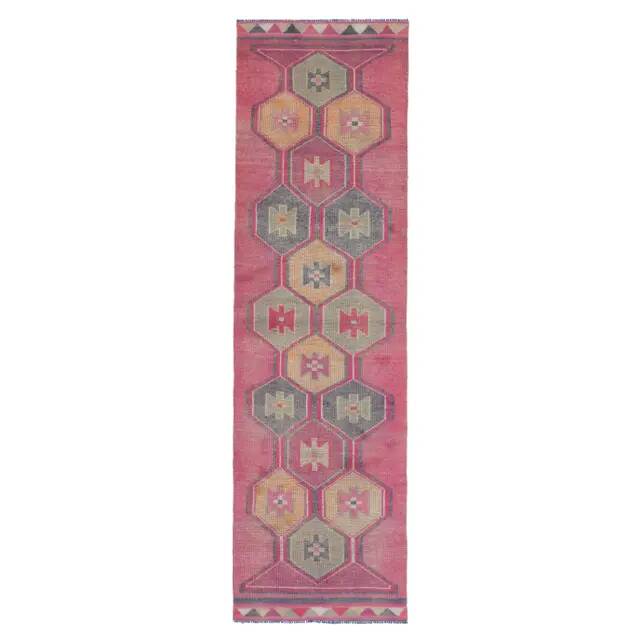 Vintage Turkish Hand-Knotted Wool Cotton Pink Runner Rug 94x329